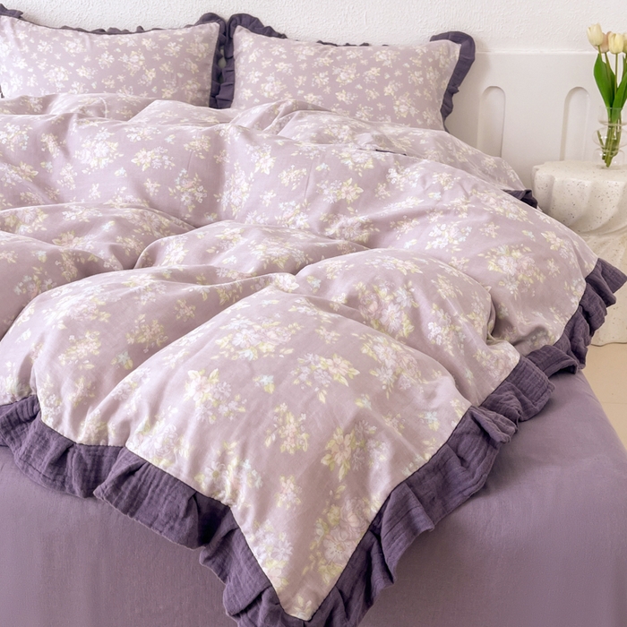 91家纺网 家纺一手货源 找家纺 【疆东】2026韩版蕾丝花边纯棉全棉双层纱四件套印花纯棉四件套法式赫本木耳花边全棉公主双层纱四件套