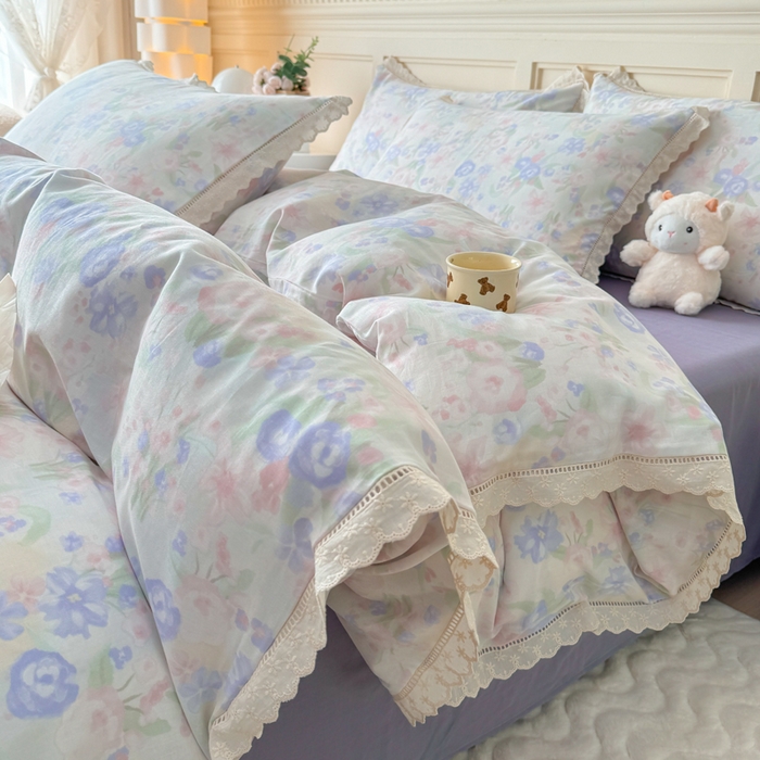 91家纺网 家纺一手货源 找家纺 疆东 【疆东】2026韩版蕾丝花边纯棉全棉双层纱四件套印花纯棉四件套法式赫本木耳花边全棉公主双层纱四件套 暗香