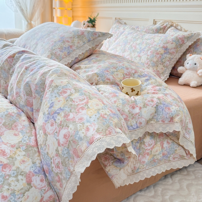 91家纺网 家纺一手货源 找家纺 疆东 【疆东】2026韩版蕾丝花边纯棉全棉双层纱四件套印花纯棉四件套法式赫本木耳花边全棉公主双层纱四件套 玫瑰庄园