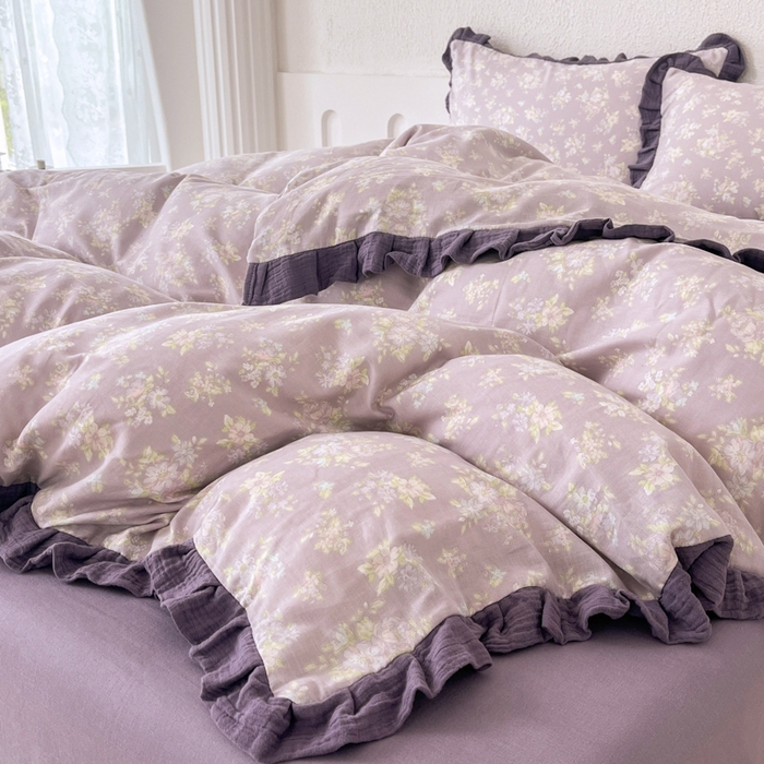 91家纺网 家纺一手货源 找家纺 疆东 【疆东】2026韩版蕾丝花边纯棉全棉双层纱四件套印花纯棉四件套法式赫本木耳花边全棉公主双层纱四件套 乌梅子酱