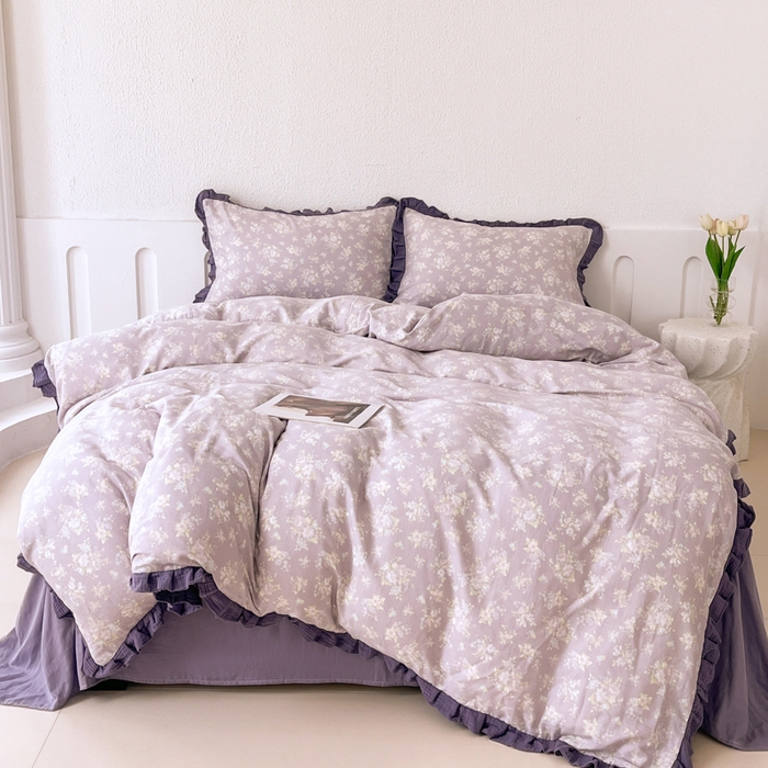 91家纺网 家纺一手货源 找家纺 疆东 【疆东】2026韩版蕾丝花边纯棉全棉双层纱四件套印花纯棉四件套法式赫本木耳花边全棉公主双层纱四件套 乌梅子酱