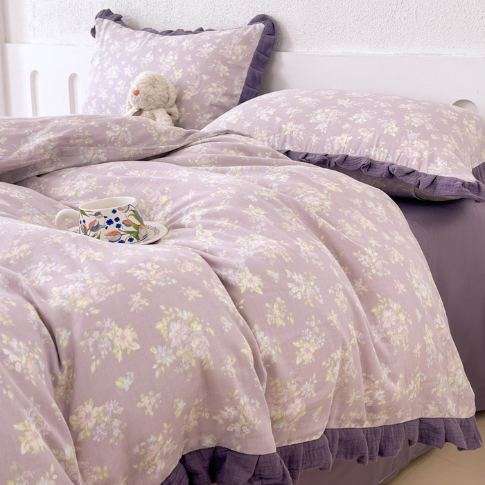 91家纺网 家纺一手货源 找家纺 疆东 【疆东】2026韩版蕾丝花边纯棉全棉双层纱四件套印花纯棉四件套法式赫本木耳花边全棉公主双层纱四件套 乌梅子酱