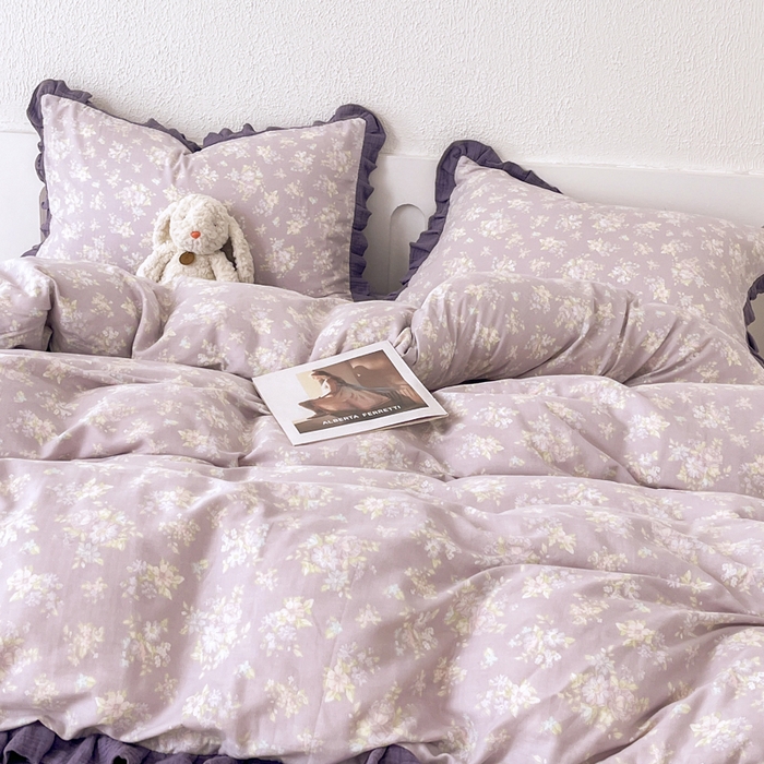 91家纺网 家纺一手货源 找家纺 疆东 【疆东】2026韩版蕾丝花边纯棉全棉双层纱四件套印花纯棉四件套法式赫本木耳花边全棉公主双层纱四件套 乌梅子酱