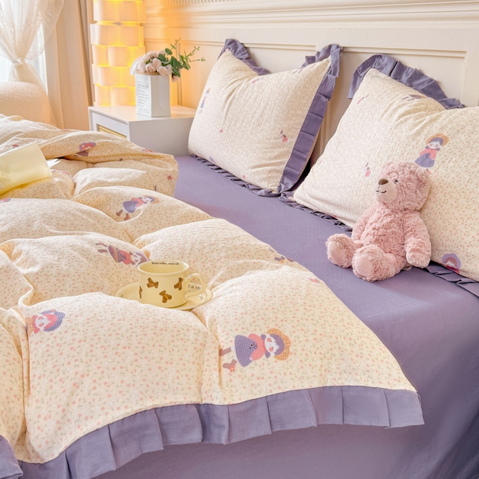 91家纺网 家纺一手货源 找家纺 疆东 【疆东】2026韩版蕾丝花边纯棉全棉双层纱四件套印花纯棉四件套法式赫本木耳花边全棉公主双层纱四件套 春日女孩