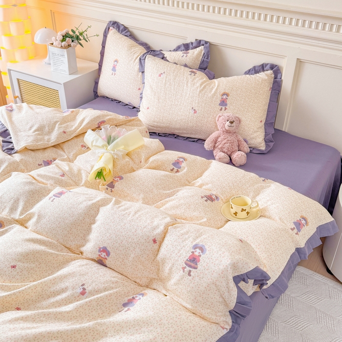 91家纺网 家纺一手货源 找家纺 疆东 【疆东】2026韩版蕾丝花边纯棉全棉双层纱四件套印花纯棉四件套法式赫本木耳花边全棉公主双层纱四件套 春日女孩