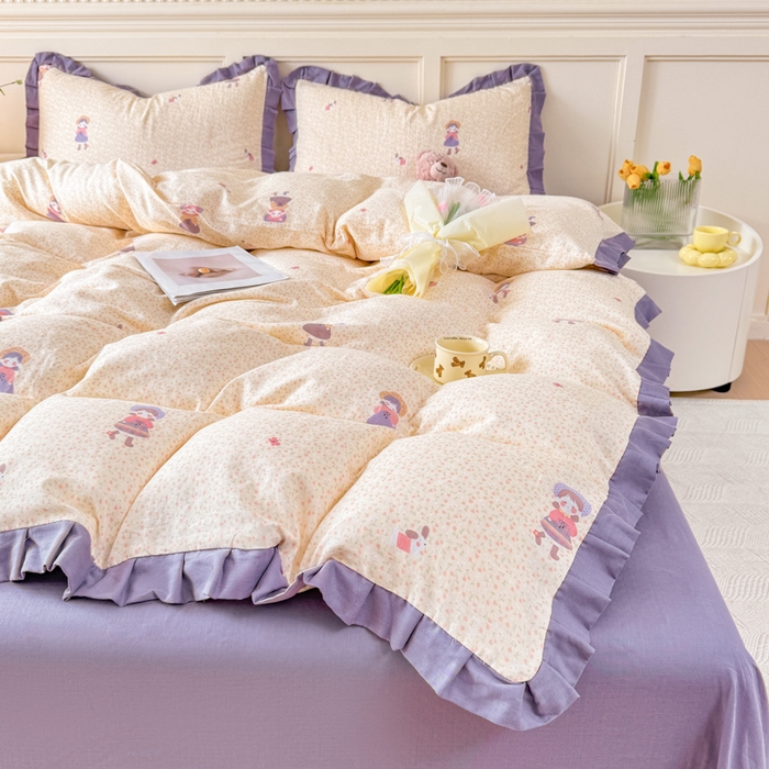 91家纺网 家纺一手货源 找家纺 疆东 【疆东】2026韩版蕾丝花边纯棉全棉双层纱四件套印花纯棉四件套法式赫本木耳花边全棉公主双层纱四件套 春日女孩