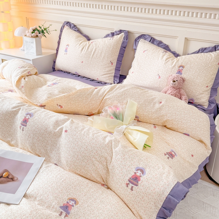 91家纺网 家纺一手货源 找家纺 疆东 【疆东】2026韩版蕾丝花边纯棉全棉双层纱四件套印花纯棉四件套法式赫本木耳花边全棉公主双层纱四件套 春日女孩