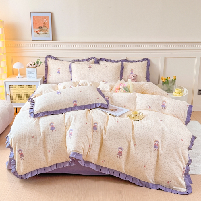 91家纺网 家纺一手货源 找家纺 疆东 【疆东】2026韩版蕾丝花边纯棉全棉双层纱四件套印花纯棉四件套法式赫本木耳花边全棉公主双层纱四件套 春日女孩