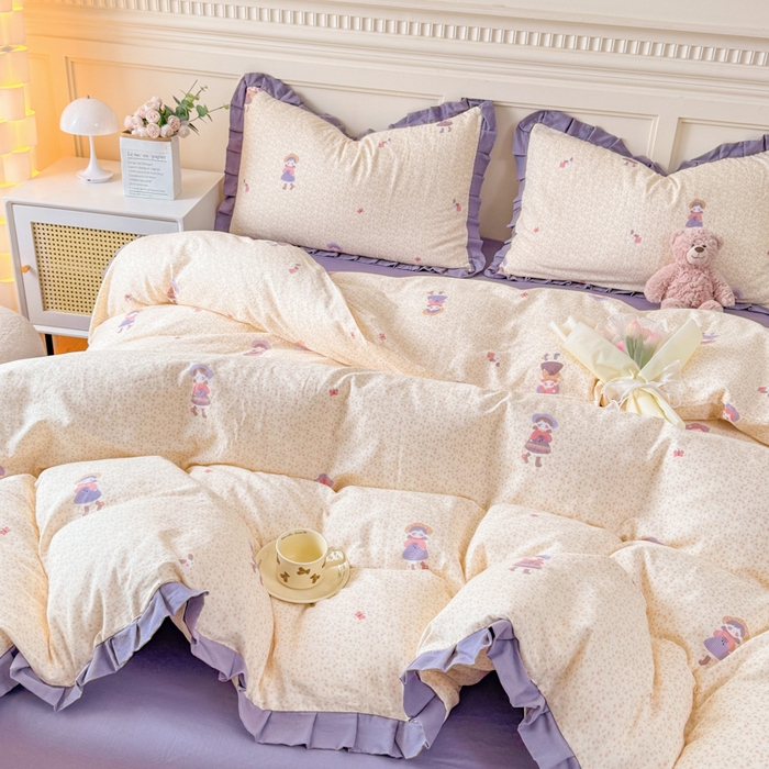 91家纺网 家纺一手货源 找家纺 疆东 【疆东】2026韩版蕾丝花边纯棉全棉双层纱四件套印花纯棉四件套法式赫本木耳花边全棉公主双层纱四件套 春日女孩