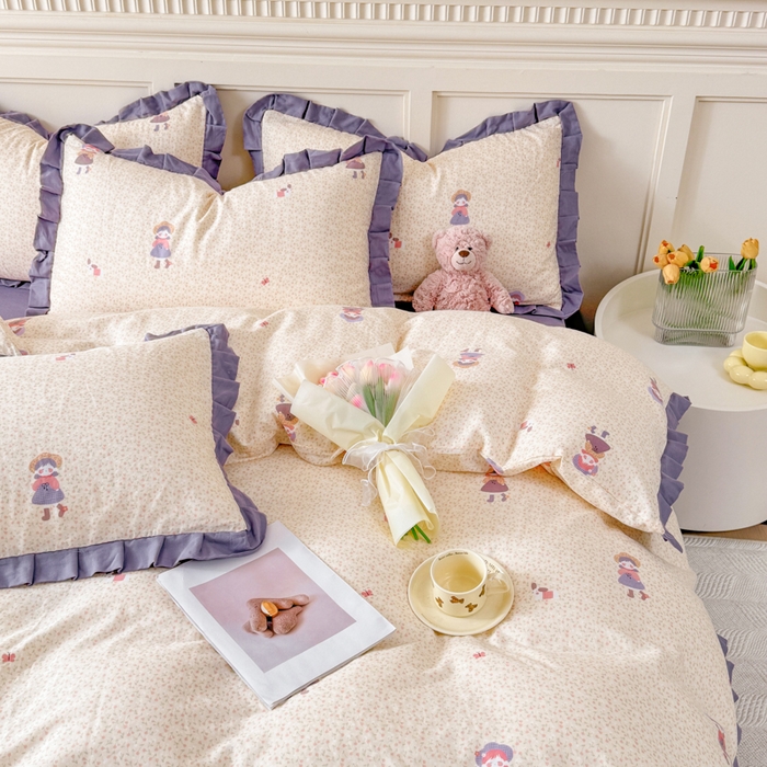 91家纺网 家纺一手货源 找家纺 疆东 【疆东】2026韩版蕾丝花边纯棉全棉双层纱四件套印花纯棉四件套法式赫本木耳花边全棉公主双层纱四件套 春日女孩