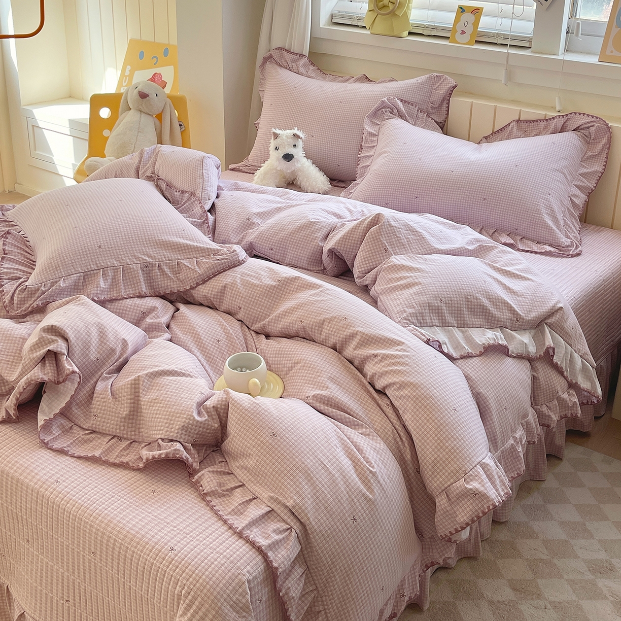 莱米家纺 2026春夏新款轻奢亲肤韩版贝壳花边床盖四件套 甜心粉