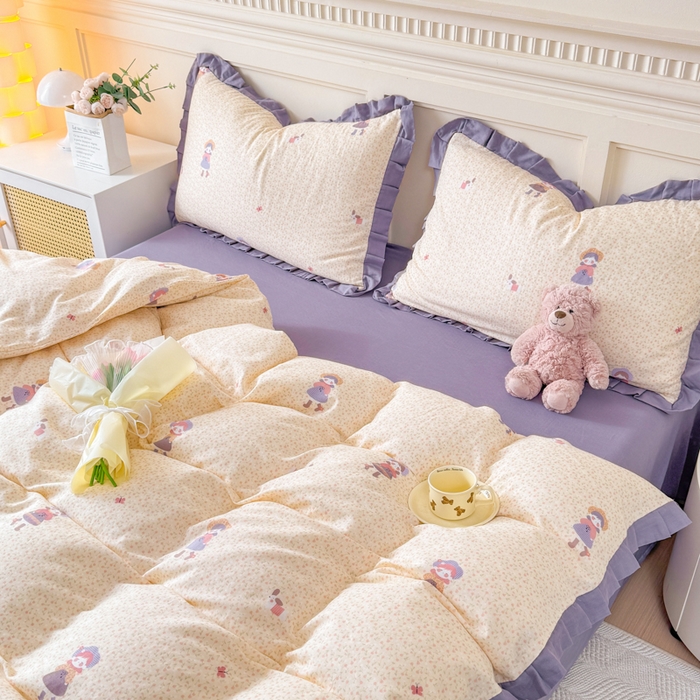 91家纺网 家纺一手货源 找家纺 疆东 【疆东】2026韩版蕾丝花边纯棉全棉双层纱四件套印花纯棉四件套法式赫本木耳花边全棉公主双层纱四件套 春日女孩