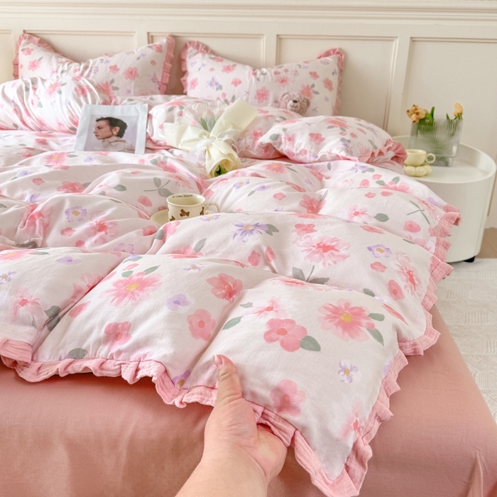 91家纺网 家纺一手货源 找家纺 疆东 【疆东】2026韩版蕾丝花边纯棉全棉双层纱四件套印花纯棉四件套法式赫本木耳花边全棉公主双层纱四件套 樱花