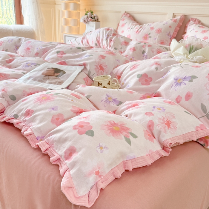 91家纺网 家纺一手货源 找家纺 疆东 【疆东】2026韩版蕾丝花边纯棉全棉双层纱四件套印花纯棉四件套法式赫本木耳花边全棉公主双层纱四件套 樱花