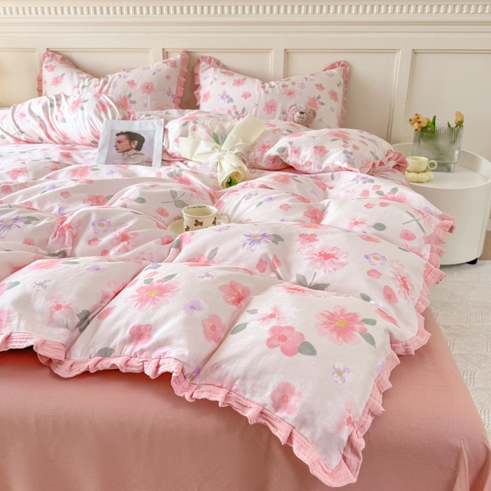 91家纺网 家纺一手货源 找家纺 疆东 【疆东】2026韩版蕾丝花边纯棉全棉双层纱四件套印花纯棉四件套法式赫本木耳花边全棉公主双层纱四件套 樱花