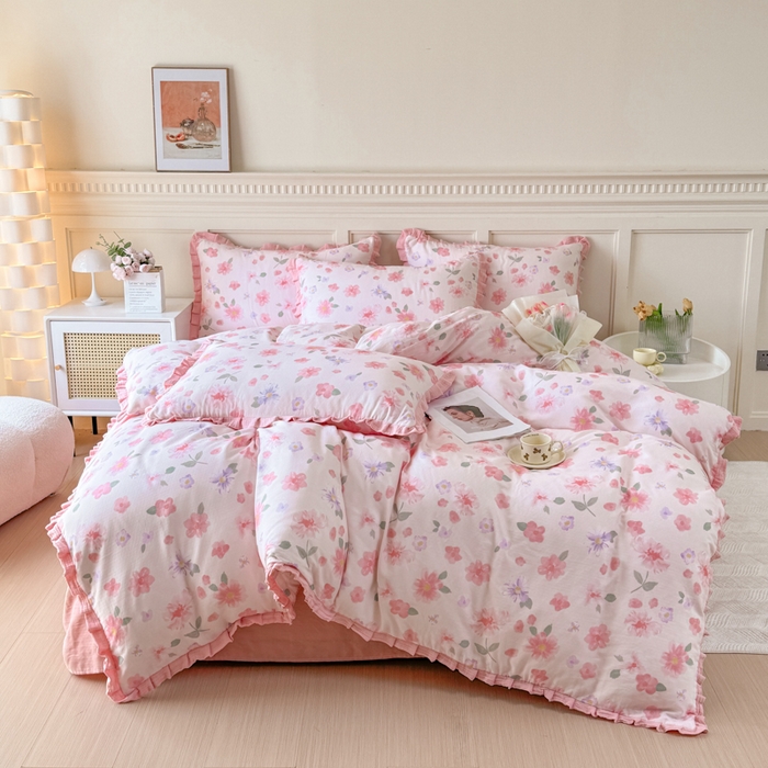 91家纺网 家纺一手货源 找家纺 疆东 【疆东】2026韩版蕾丝花边纯棉全棉双层纱四件套印花纯棉四件套法式赫本木耳花边全棉公主双层纱四件套 樱花