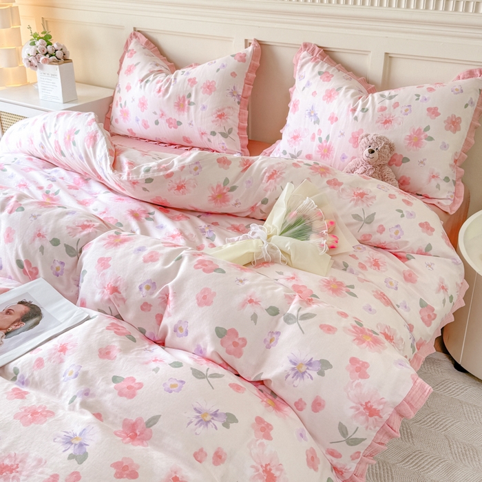 91家纺网 家纺一手货源 找家纺 疆东 【疆东】2026韩版蕾丝花边纯棉全棉双层纱四件套印花纯棉四件套法式赫本木耳花边全棉公主双层纱四件套 樱花