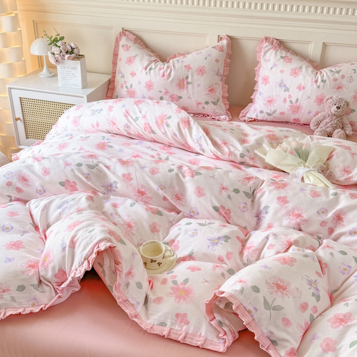 91家纺网 家纺一手货源 找家纺 疆东 【疆东】2026韩版蕾丝花边纯棉全棉双层纱四件套印花纯棉四件套法式赫本木耳花边全棉公主双层纱四件套 樱花