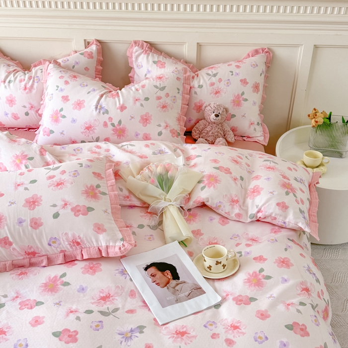 91家纺网 家纺一手货源 找家纺 疆东 【疆东】2026韩版蕾丝花边纯棉全棉双层纱四件套印花纯棉四件套法式赫本木耳花边全棉公主双层纱四件套 樱花