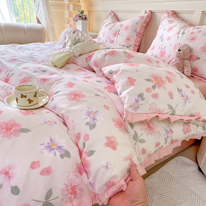 91家纺网 家纺一手货源 找家纺 疆东 【疆东】2026韩版蕾丝花边纯棉全棉双层纱四件套印花纯棉四件套法式赫本木耳花边全棉公主双层纱四件套 樱花