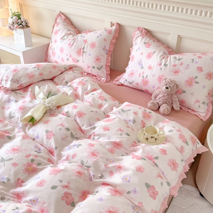 91家纺网 家纺一手货源 找家纺 疆东 【疆东】2026韩版蕾丝花边纯棉全棉双层纱四件套印花纯棉四件套法式赫本木耳花边全棉公主双层纱四件套 樱花