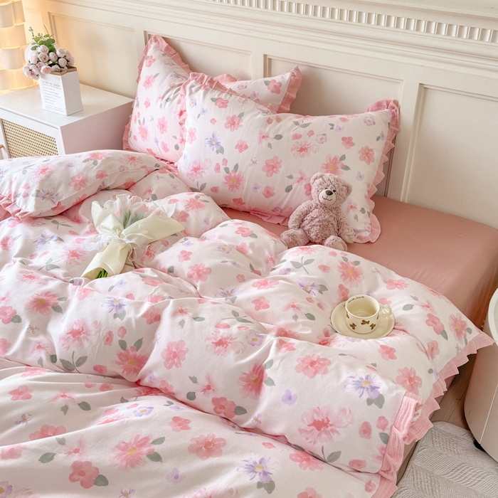 91家纺网 家纺一手货源 找家纺 疆东 【疆东】2026韩版蕾丝花边纯棉全棉双层纱四件套印花纯棉四件套法式赫本木耳花边全棉公主双层纱四件套 樱花