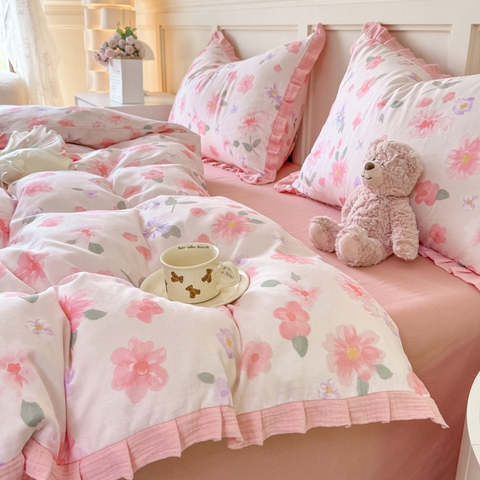 91家纺网 家纺一手货源 找家纺 疆东 【疆东】2026韩版蕾丝花边纯棉全棉双层纱四件套印花纯棉四件套法式赫本木耳花边全棉公主双层纱四件套 樱花