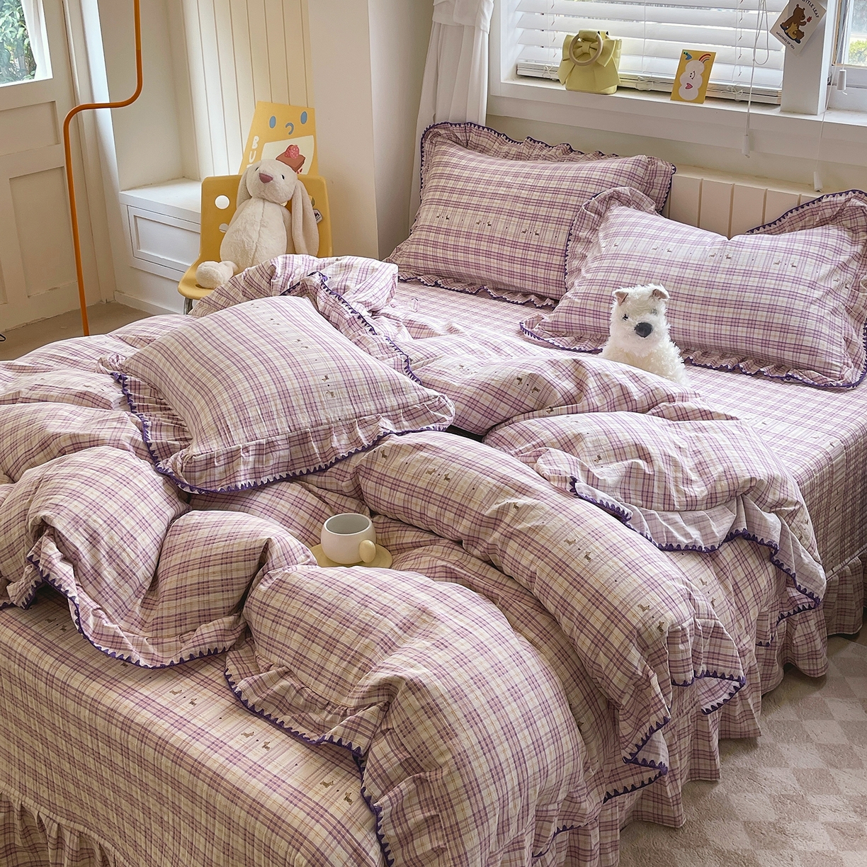 莱米家纺 2026春夏新款轻奢亲肤韩版贝壳花边床盖四件套 炫彩-紫