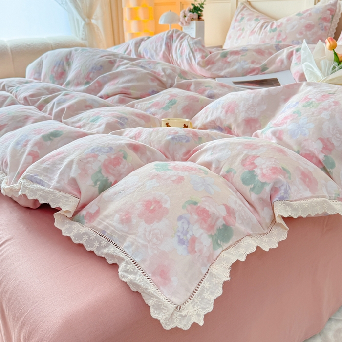 91家纺网 家纺一手货源 找家纺 疆东 【疆东】2026韩版蕾丝花边纯棉全棉双层纱四件套印花纯棉四件套法式赫本木耳花边全棉公主双层纱四件套 夕颜