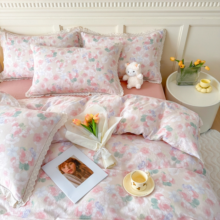 91家纺网 家纺一手货源 找家纺 疆东 【疆东】2026韩版蕾丝花边纯棉全棉双层纱四件套印花纯棉四件套法式赫本木耳花边全棉公主双层纱四件套 夕颜