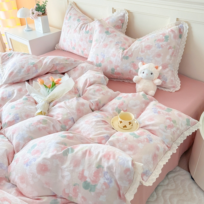 91家纺网 家纺一手货源 找家纺 疆东 【疆东】2026韩版蕾丝花边纯棉全棉双层纱四件套印花纯棉四件套法式赫本木耳花边全棉公主双层纱四件套 夕颜