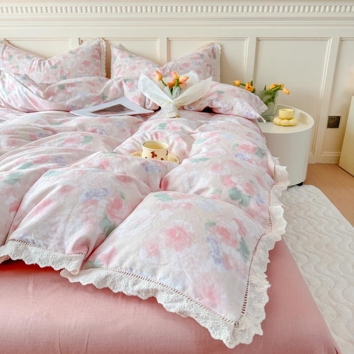 91家纺网 家纺一手货源 找家纺 疆东 【疆东】2026韩版蕾丝花边纯棉全棉双层纱四件套印花纯棉四件套法式赫本木耳花边全棉公主双层纱四件套 夕颜