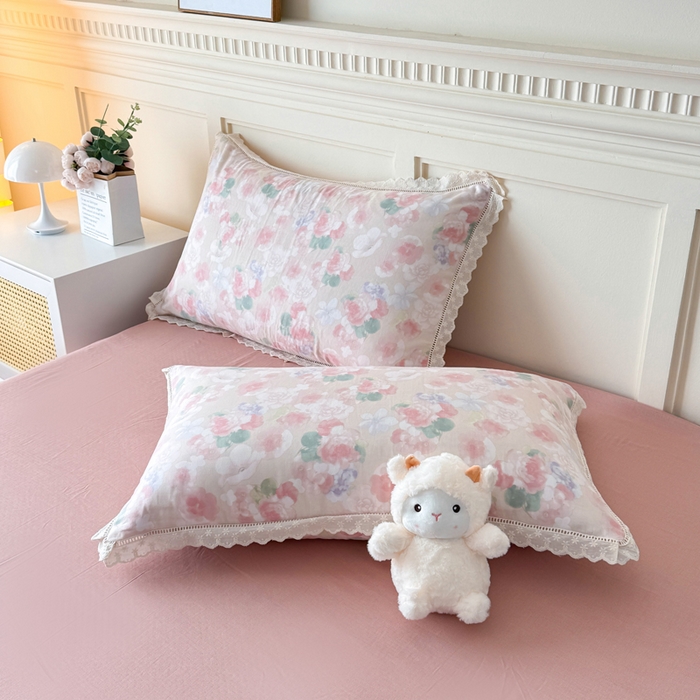 91家纺网 家纺一手货源 找家纺 疆东 【疆东】2026韩版蕾丝花边纯棉全棉双层纱四件套印花纯棉四件套法式赫本木耳花边全棉公主双层纱四件套 夕颜