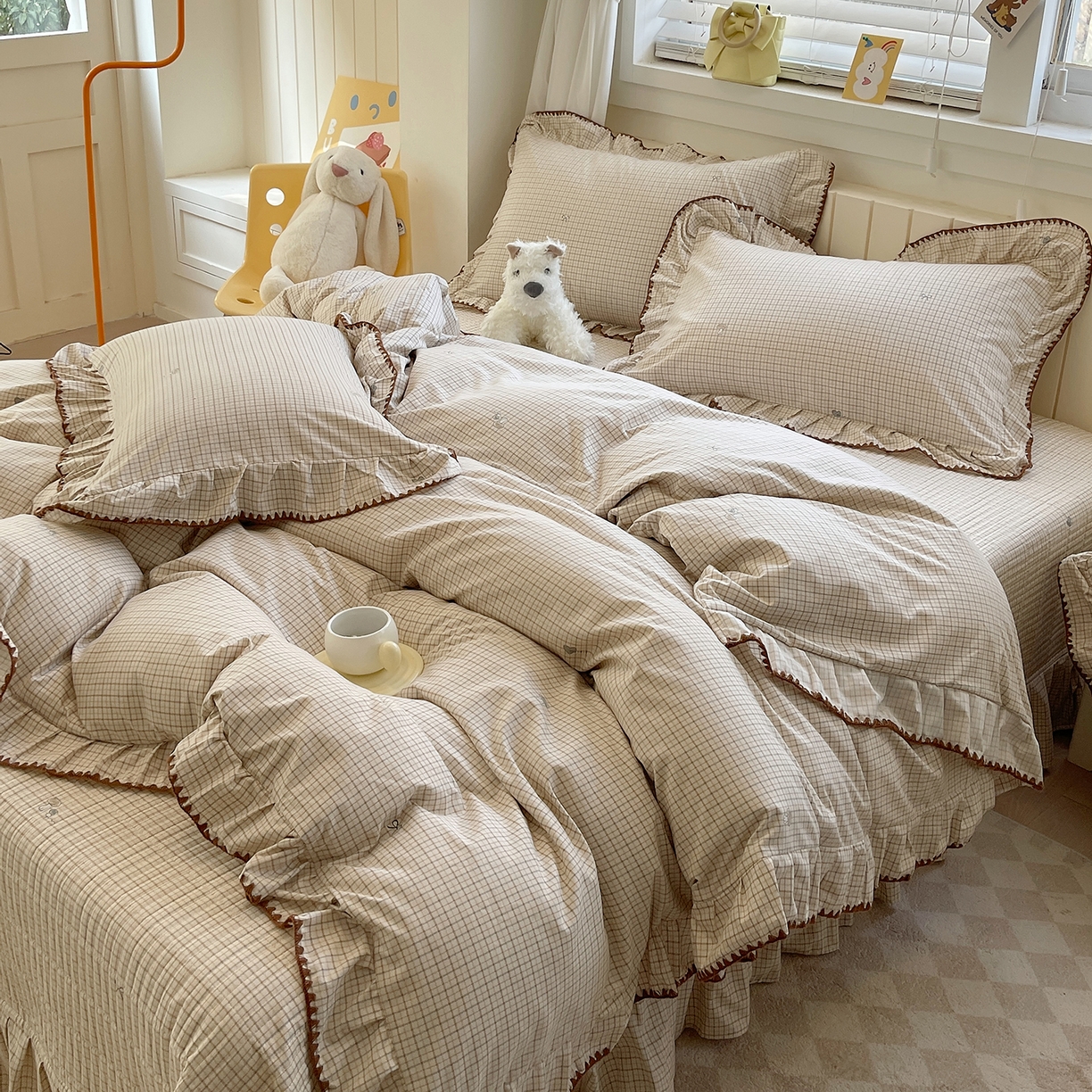 莱米家纺 2026春夏新款轻奢亲肤韩版贝壳花边床盖四件套 英伦格