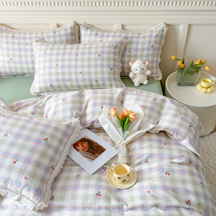 91家纺网 家纺一手货源 找家纺 疆东 【疆东】2026韩版蕾丝花边纯棉全棉双层纱四件套印花纯棉四件套法式赫本木耳花边全棉公主双层纱四件套 晴空