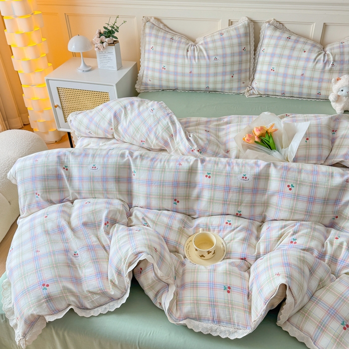 91家纺网 家纺一手货源 找家纺 疆东 【疆东】2026韩版蕾丝花边纯棉全棉双层纱四件套印花纯棉四件套法式赫本木耳花边全棉公主双层纱四件套 晴空