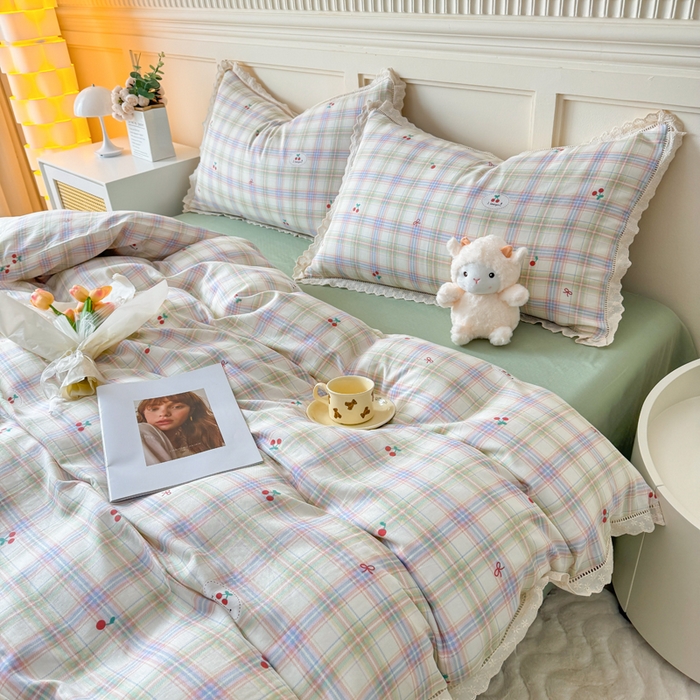 91家纺网 家纺一手货源 找家纺 疆东 【疆东】2026韩版蕾丝花边纯棉全棉双层纱四件套印花纯棉四件套法式赫本木耳花边全棉公主双层纱四件套 晴空