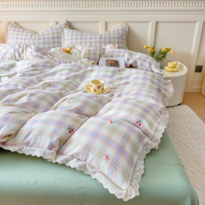 91家纺网 家纺一手货源 找家纺 疆东 【疆东】2026韩版蕾丝花边纯棉全棉双层纱四件套印花纯棉四件套法式赫本木耳花边全棉公主双层纱四件套 晴空