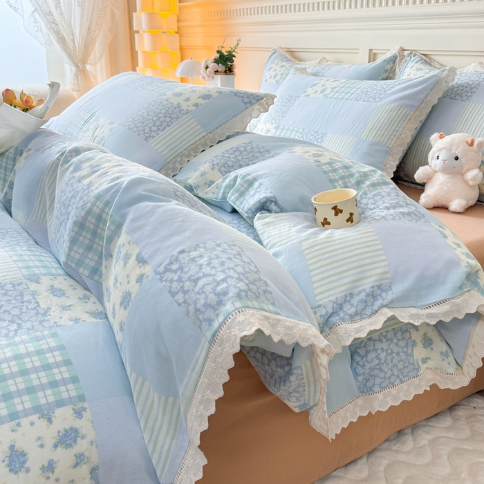 疆东 【疆东】2026韩版蕾丝花边纯棉全棉双层纱四件套印花纯棉四件套法式赫本木耳花边全棉公主双层纱四件套 海盐气泡蓝