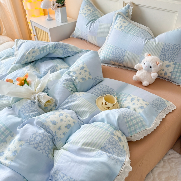 91家纺网 家纺一手货源 找家纺 疆东 【疆东】2026韩版蕾丝花边纯棉全棉双层纱四件套印花纯棉四件套法式赫本木耳花边全棉公主双层纱四件套 海盐气泡蓝