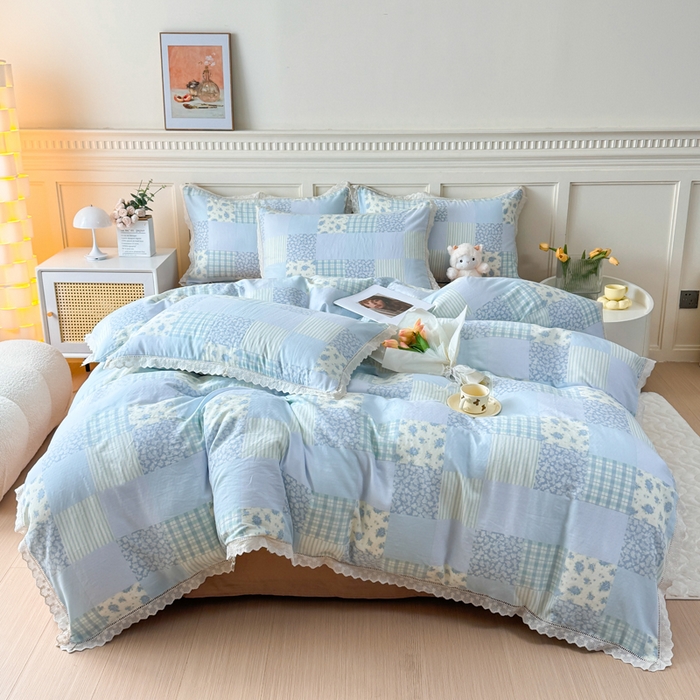 91家纺网 家纺一手货源 找家纺 疆东 【疆东】2026韩版蕾丝花边纯棉全棉双层纱四件套印花纯棉四件套法式赫本木耳花边全棉公主双层纱四件套 海盐气泡蓝