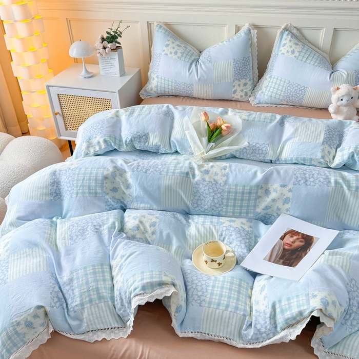 91家纺网 家纺一手货源 找家纺 疆东 【疆东】2026韩版蕾丝花边纯棉全棉双层纱四件套印花纯棉四件套法式赫本木耳花边全棉公主双层纱四件套 海盐气泡蓝