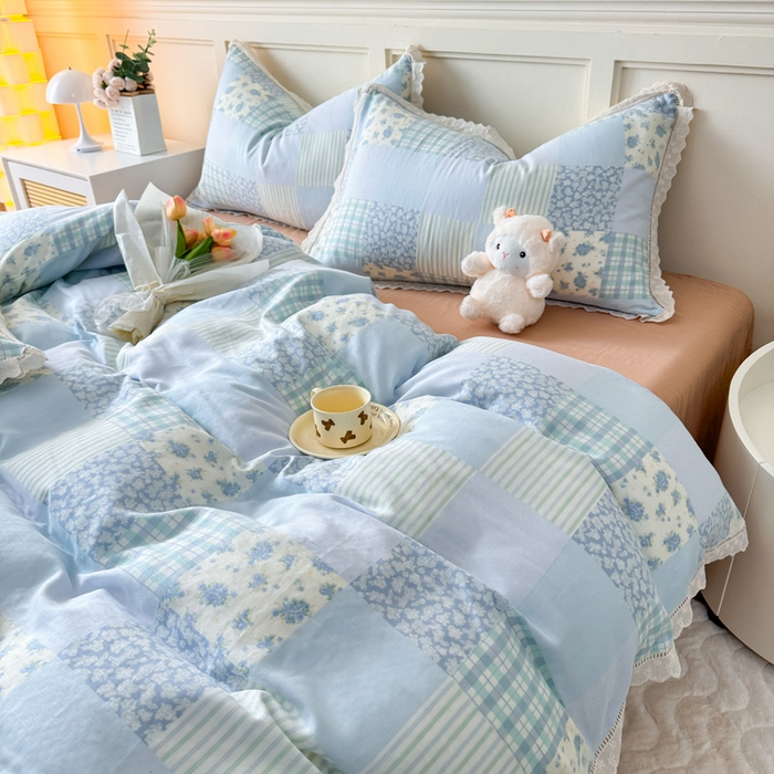 91家纺网 家纺一手货源 找家纺 疆东 【疆东】2026韩版蕾丝花边纯棉全棉双层纱四件套印花纯棉四件套法式赫本木耳花边全棉公主双层纱四件套 海盐气泡蓝