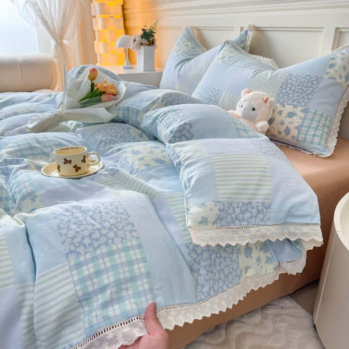 91家纺网 家纺一手货源 找家纺 疆东 【疆东】2026韩版蕾丝花边纯棉全棉双层纱四件套印花纯棉四件套法式赫本木耳花边全棉公主双层纱四件套 海盐气泡蓝