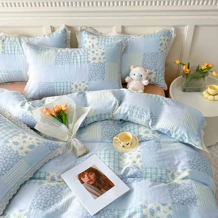 91家纺网 家纺一手货源 找家纺 疆东 【疆东】2026韩版蕾丝花边纯棉全棉双层纱四件套印花纯棉四件套法式赫本木耳花边全棉公主双层纱四件套 海盐气泡蓝