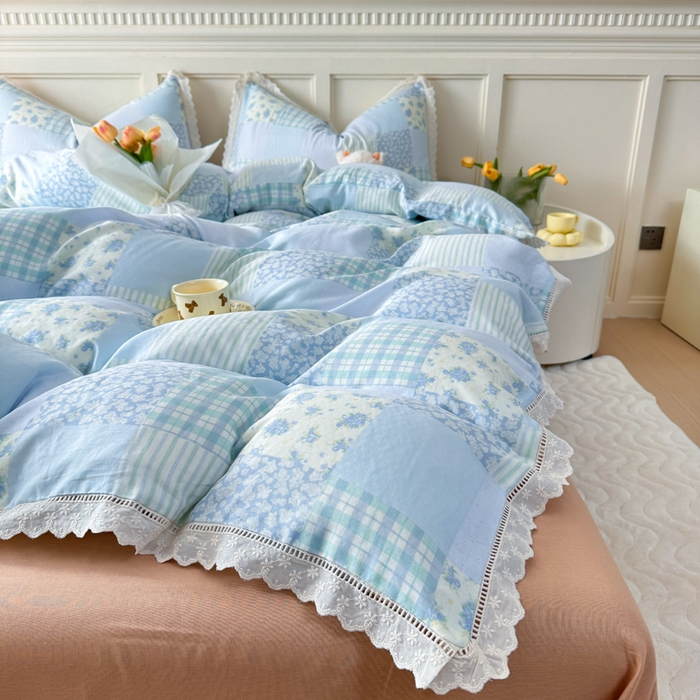 91家纺网 家纺一手货源 找家纺 疆东 【疆东】2026韩版蕾丝花边纯棉全棉双层纱四件套印花纯棉四件套法式赫本木耳花边全棉公主双层纱四件套 海盐气泡蓝