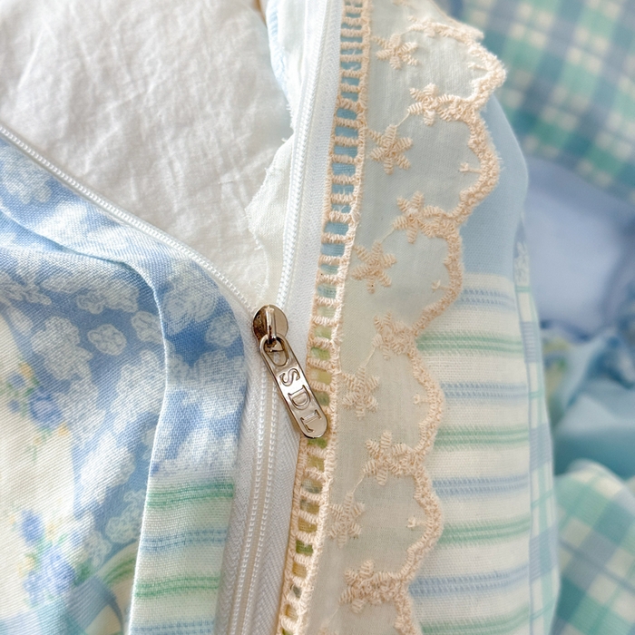 91家纺网 家纺一手货源 找家纺 疆东 【疆东】2026韩版蕾丝花边纯棉全棉双层纱四件套印花纯棉四件套法式赫本木耳花边全棉公主双层纱四件套 海盐气泡蓝