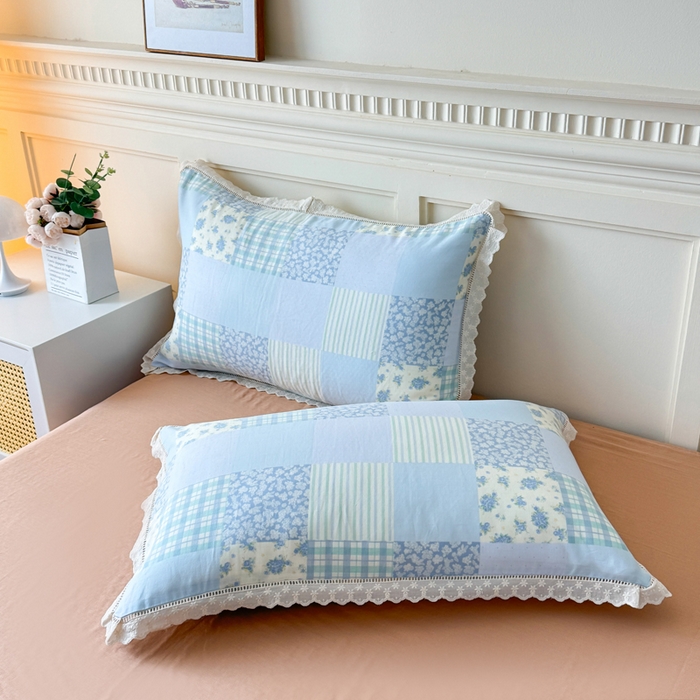 91家纺网 家纺一手货源 找家纺 疆东 【疆东】2026韩版蕾丝花边纯棉全棉双层纱四件套印花纯棉四件套法式赫本木耳花边全棉公主双层纱四件套 海盐气泡蓝