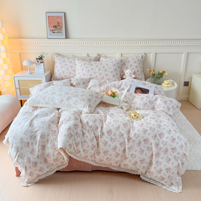 91家纺网 家纺一手货源 找家纺 疆东 【疆东】2026韩版蕾丝花边纯棉全棉双层纱四件套印花纯棉四件套法式赫本木耳花边全棉公主双层纱四件套 白茶