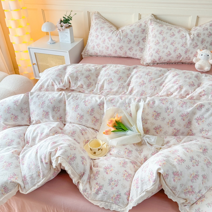 91家纺网 家纺一手货源 找家纺 疆东 【疆东】2026韩版蕾丝花边纯棉全棉双层纱四件套印花纯棉四件套法式赫本木耳花边全棉公主双层纱四件套 白茶